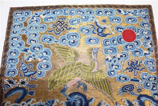 A Chinese Peking knot and metal thread Mandarin civilian rank badge, late Qing dynasty, 29cm square